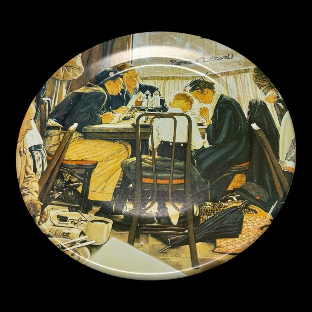 Norman Rockwell painting Saying Grace. On a metal plate.
